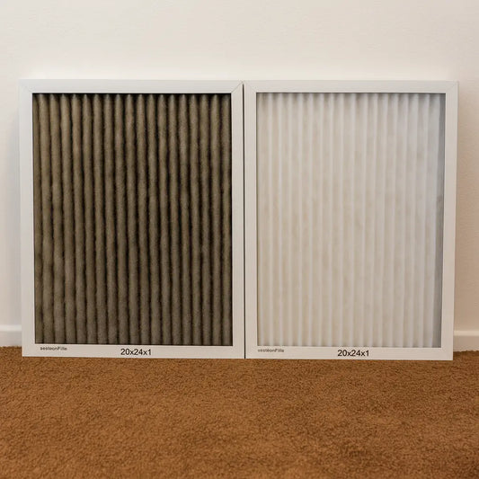 Smutsigt ventilationsfilter jämfört med nytt rent filter - skillnad i luftflöde och energiförbrukning.