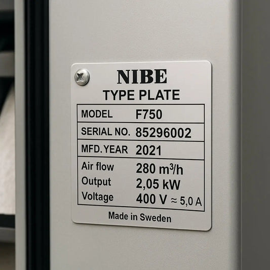 Typskylt på NIBE ventilationsaggregat modell F750 som visar modellnummer, serienummer, tillverkningsår, luftflöde, effekt och spänning.