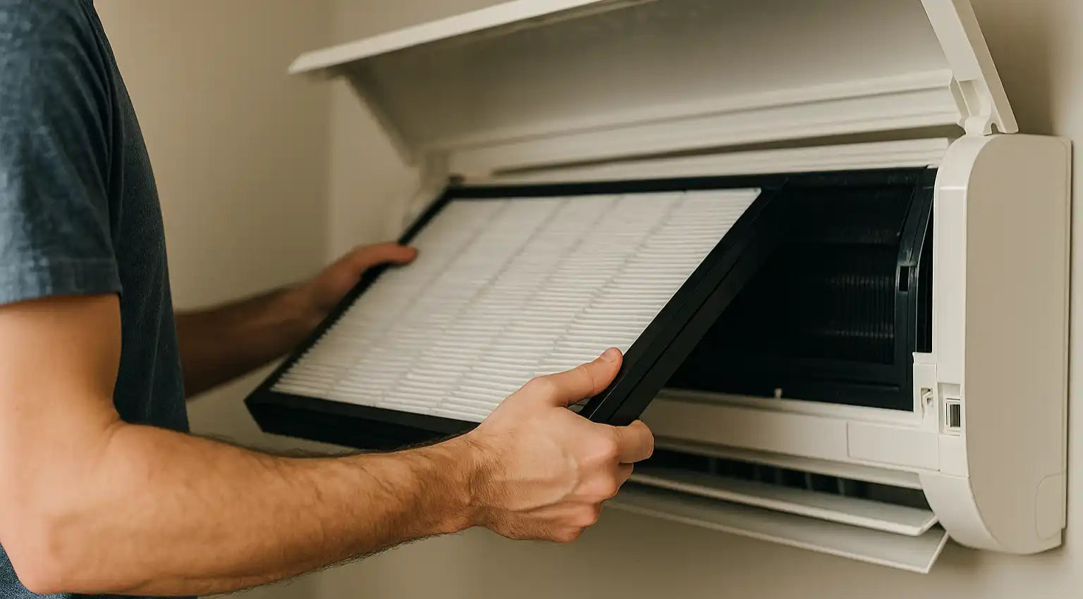 Person byter ett smutsigt HEPA-filter i ett ventilationssystem för att förbättra inomhusluften och minska allergener och damm